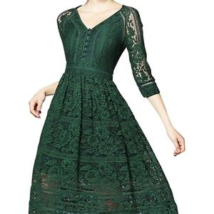 Green V Neckline Hollow Out Lace Dress